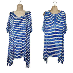 La Vanya Women's Striped V-neck Short Sleeve Hanky Hem Tunic Blouse Size 1X